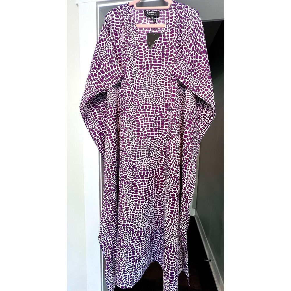NWT Goddess Crocodile Print V-Neck Long Kaftan Dress Purple White One Size - Picture 2 of 6